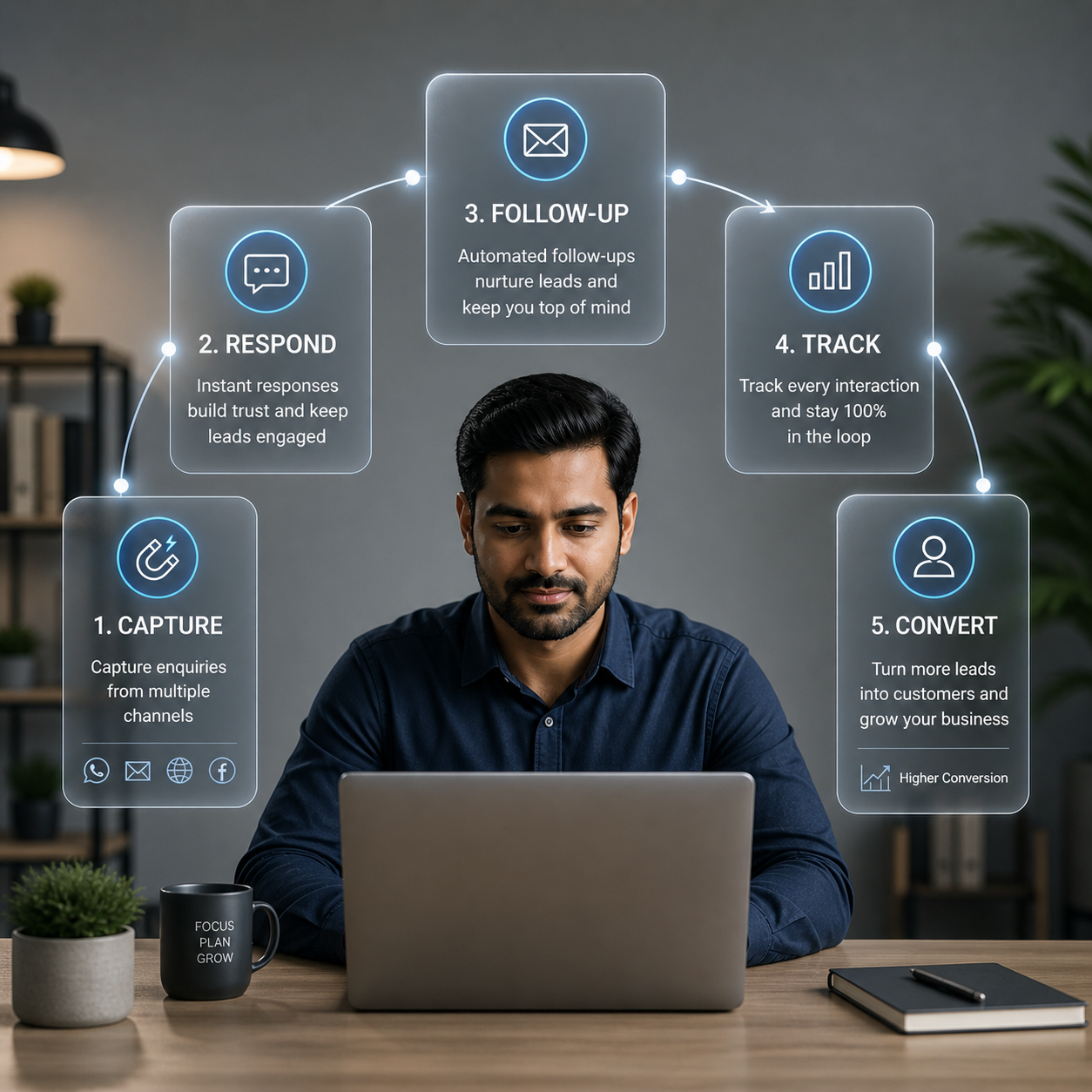 professional working on a laptop with floating infographic panels displaying a lead management process